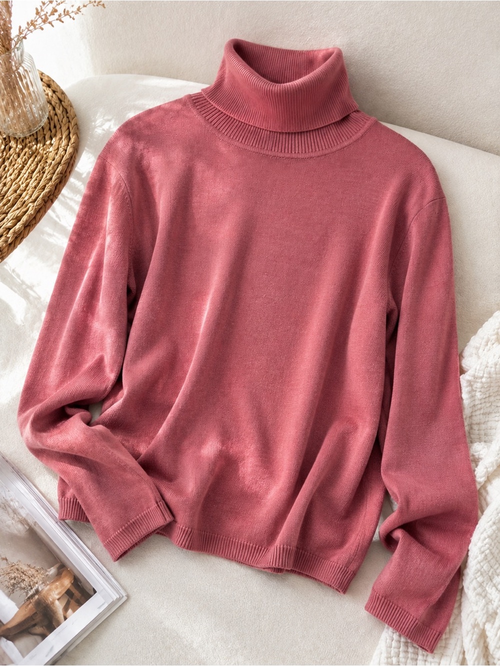 Parisian Signature M Dusty Rose Silk Blend Turtleneck Sweater Lightweight